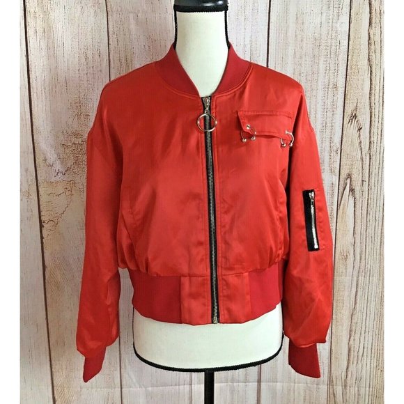 Max Martin Red Satiny Cropped Bomber Jacket Sz L - Picture 1 of 12